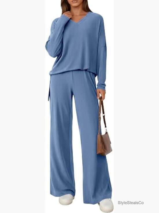Other - Women's Lounge Set with Soft Ribbed Knit Long Sleeve Top and Wide Leg Pants